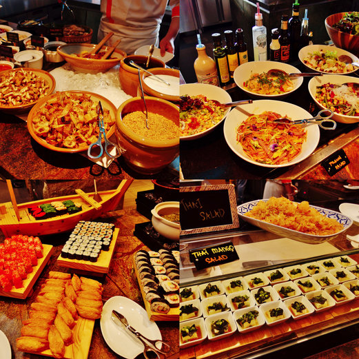 Live rojak station, assorted salad appetisers, sushi, Japanese cold tofu, Thai mango salad & pomelo salad